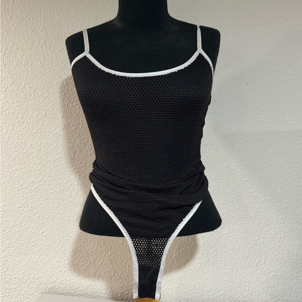 Black Mesh Bodysuit with White Trim